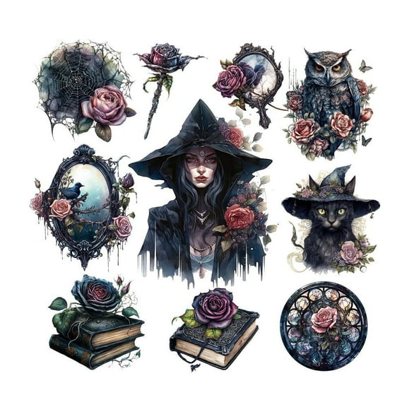 8 set 20pcs 10 styles Witch Theme PET Self Adhesive Decorative Stickers Waterproof Gothic Decals for DIY Scrapbooking Midnight Blue Packing: 130x90mm 2pcs/style