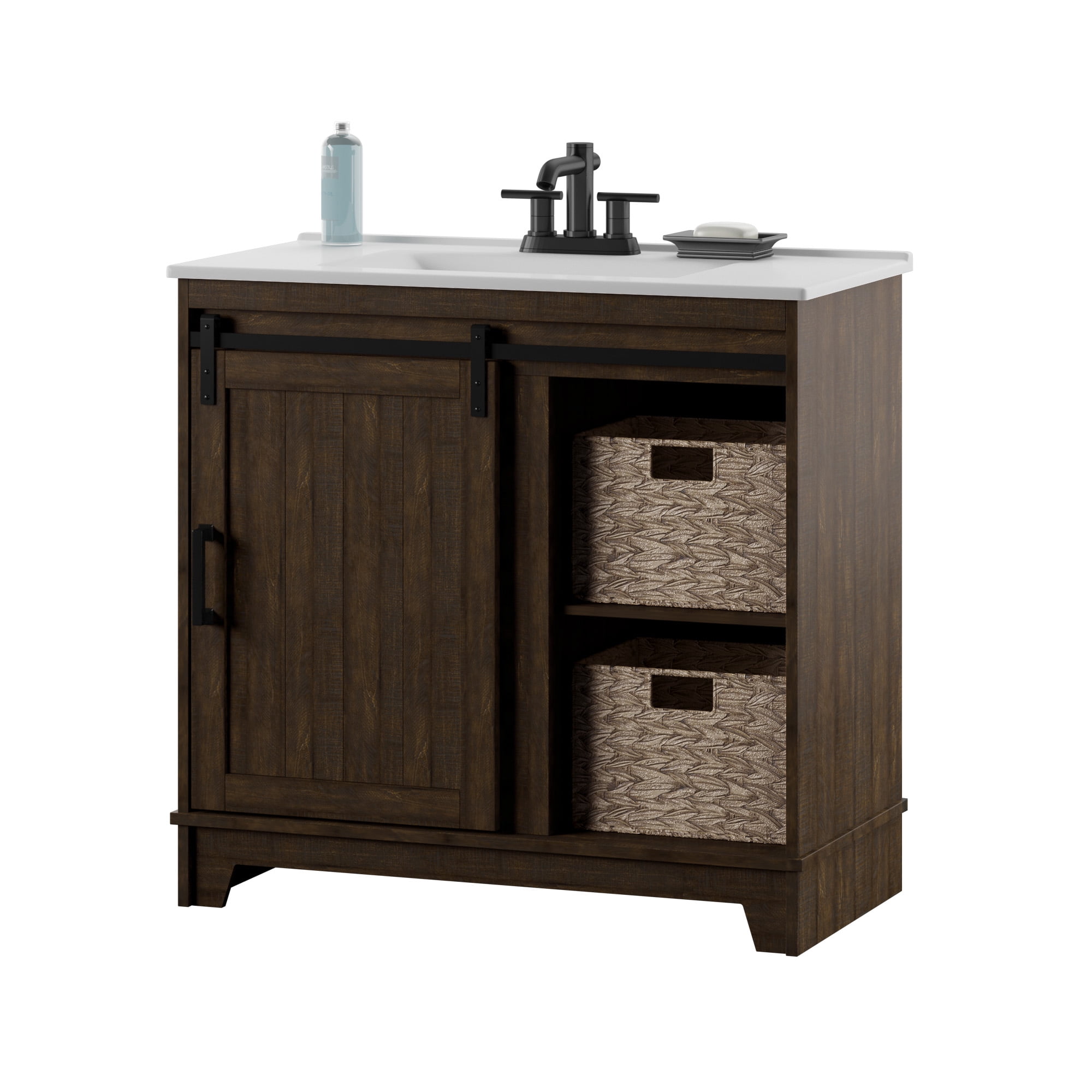 Twin Star Home 36" Sliding Barn Door Single Bathroom Vanity with Woven Baskets