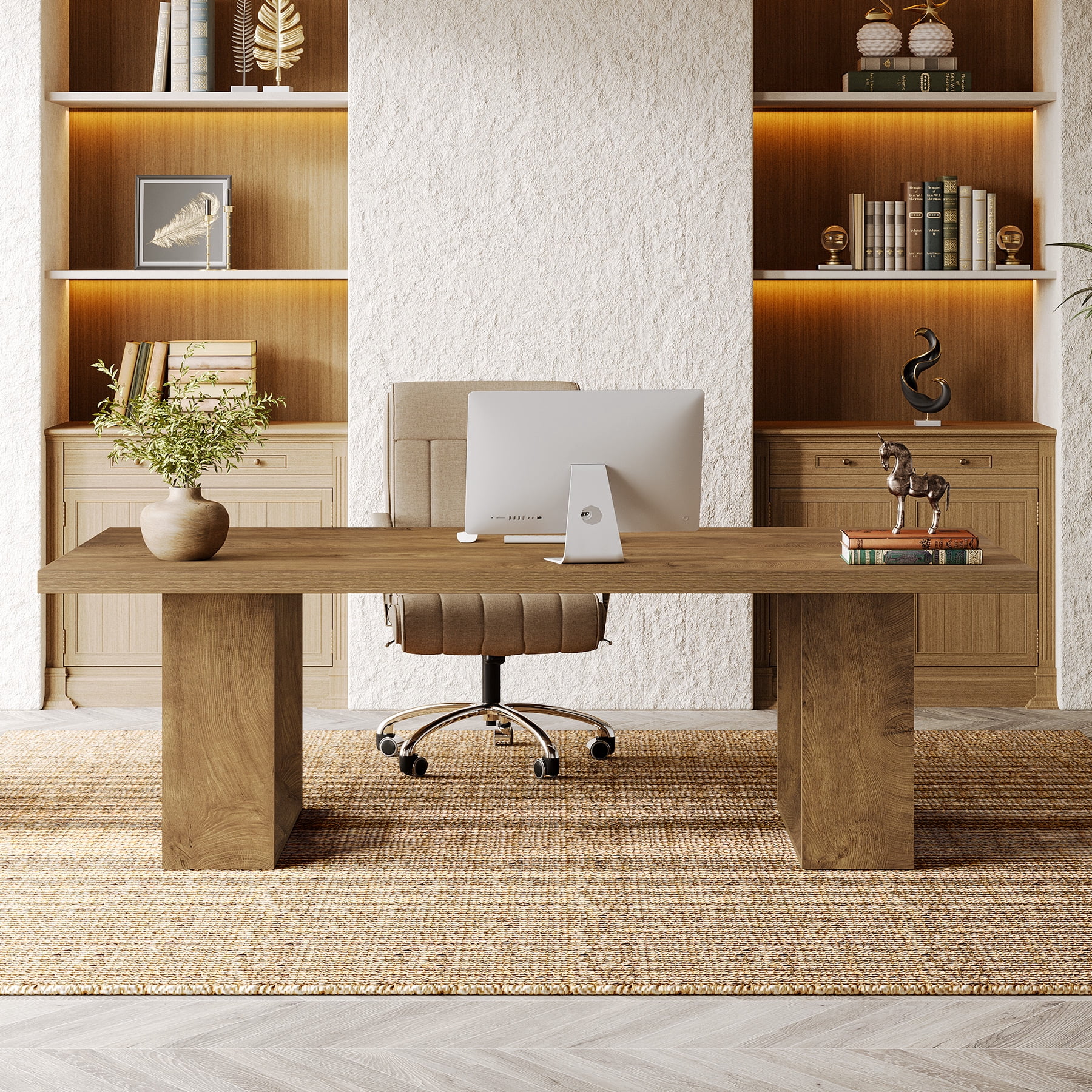 Finmind Large Executive Desk, 62.99-inch Home Office Desk, Rectangular Computer Table for Home Office, Study Room, Brown