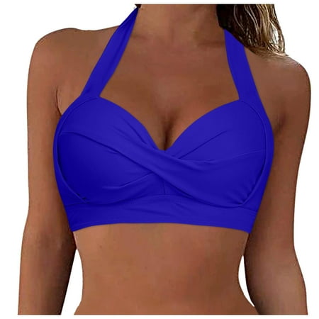 Hessimy Women Bikini Top Push Up Swim Top Halter Retro Bathing Suit Top Padded Swimsuit Top Only(Blue L)