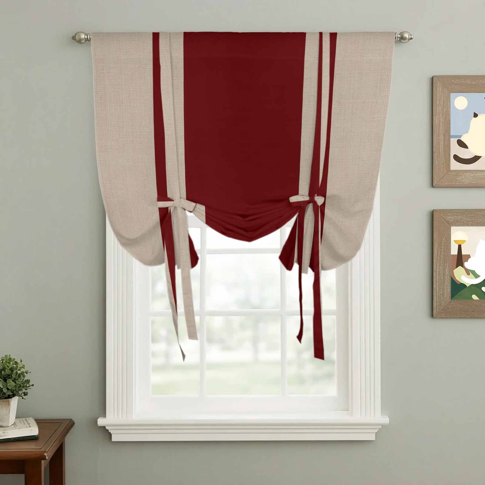 Red Vertical Stripes Tie Up Curtain for Window, Abstract Vintage Linen Texture Minimalist Adjustable Tie Up Balloon Curtain Valances Rod Pocket Window Treatment for Kitchen Bathroom Bedroom 42"x63"