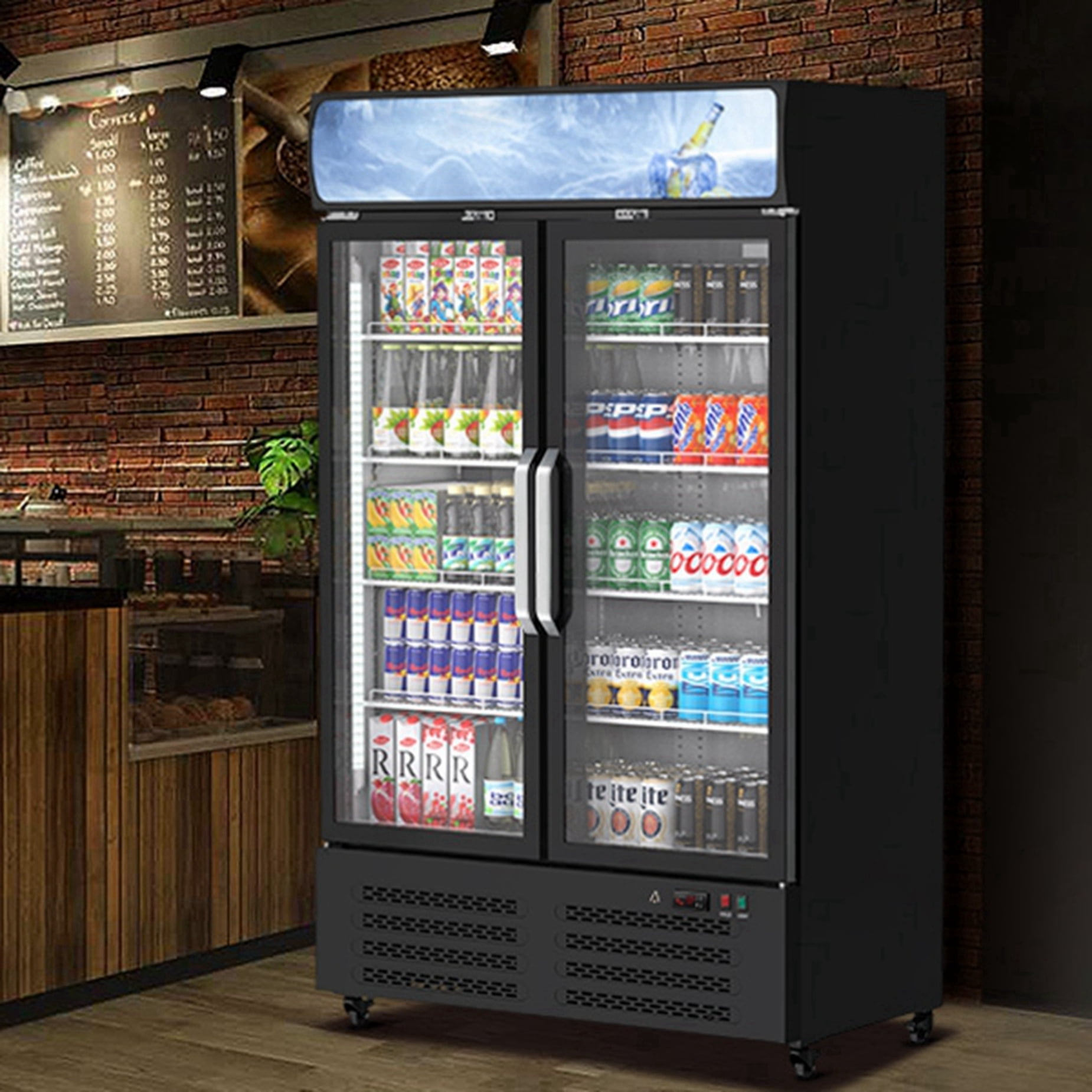 Adoolla 25 Cu.Ft. Double Glass Door Commercial Upright Merchandiser Display Refrigerator with Adjustable Shelves & Lightbox