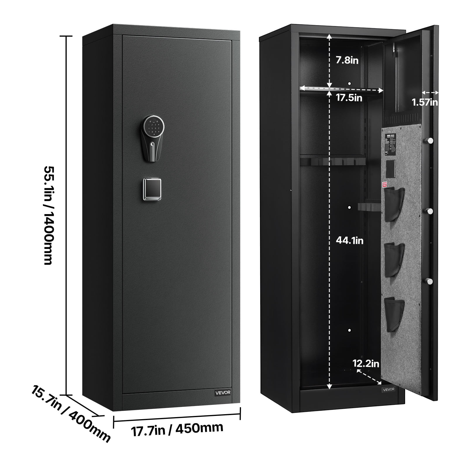 VEVOR 8-10 Gun Safe, Long Gun Cabinet for Rifles and Pistols, Quick Access Fireproof Rifle Safe with 3 Pistol Pockets and Adjustable Racks, Large Digital Cabinet with Fingerprint and Password Lock