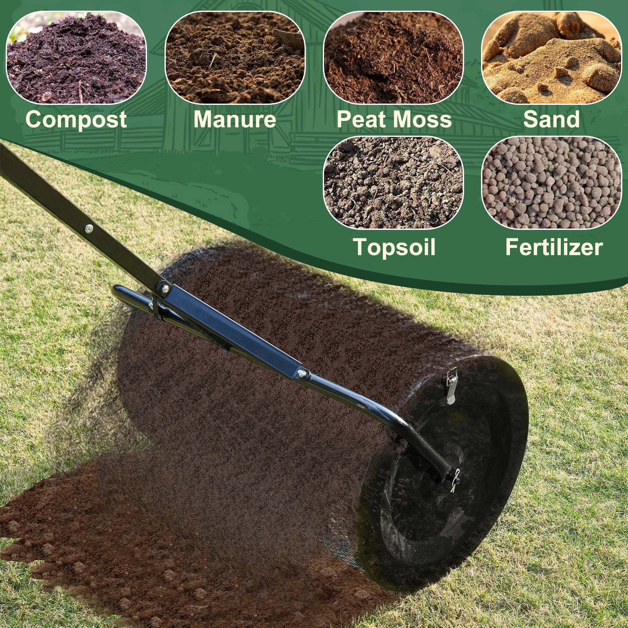 MUCHANT 24" Compost Spreader, Heavy-Duty Metal Mesh Spreader with Adjustable Handle for Lawn, Black