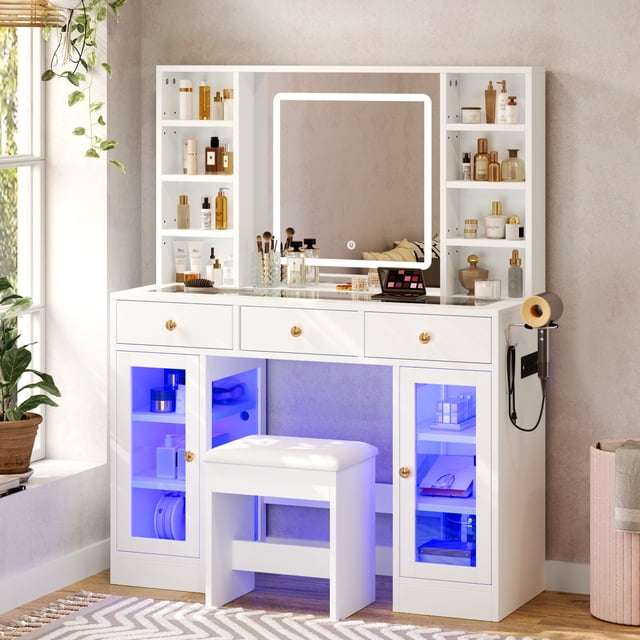Vanity Desk with RGB LED, 43 Inch Makeup Table with Glass Top, 3 Color Dimmable Light Power Outlet, 3 Drawers Bedroom Furniture, White, 43 Inch