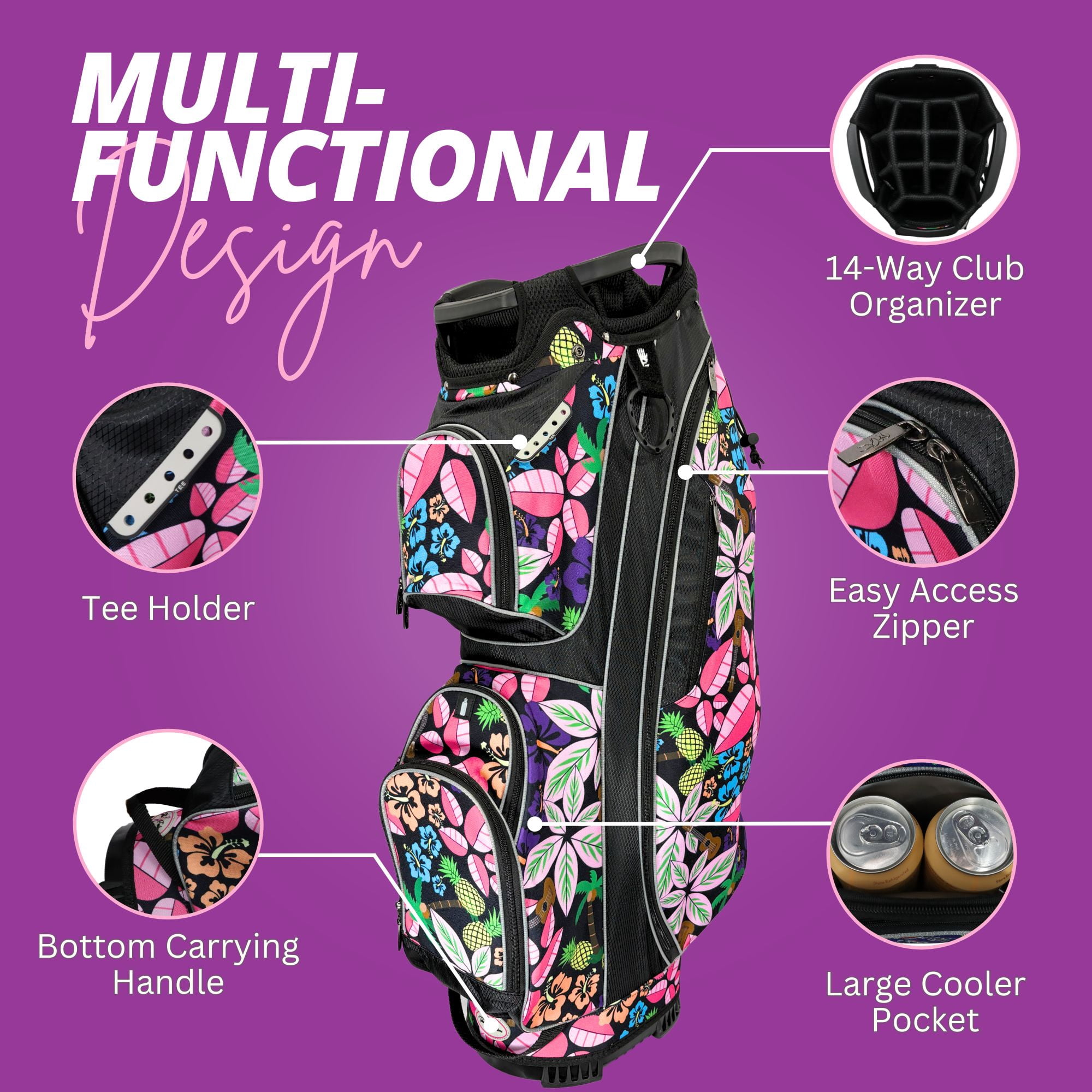 Women’s Golf Cart Bag – Taboo Fashions Resort Collection Lightweight 14-Way Ladies Bag with Cooler, Rain Hood, 7 Zippered Pockets, Tee Holder & More (Tropical Paradise)