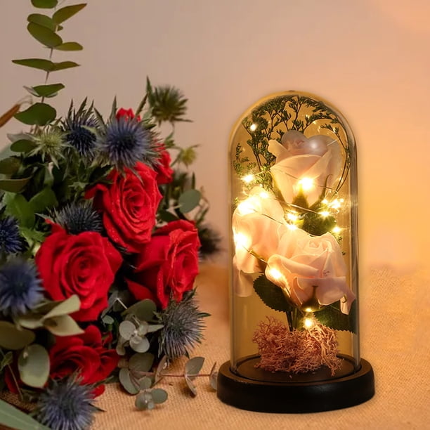 Rosa LED de plástico con base de madera | Decoración floral eterna en rojo, azul y rosa | Regalo para San Valentín, aniversario y boda | Decoración romántica para el hogar y la oficina | Regalo d