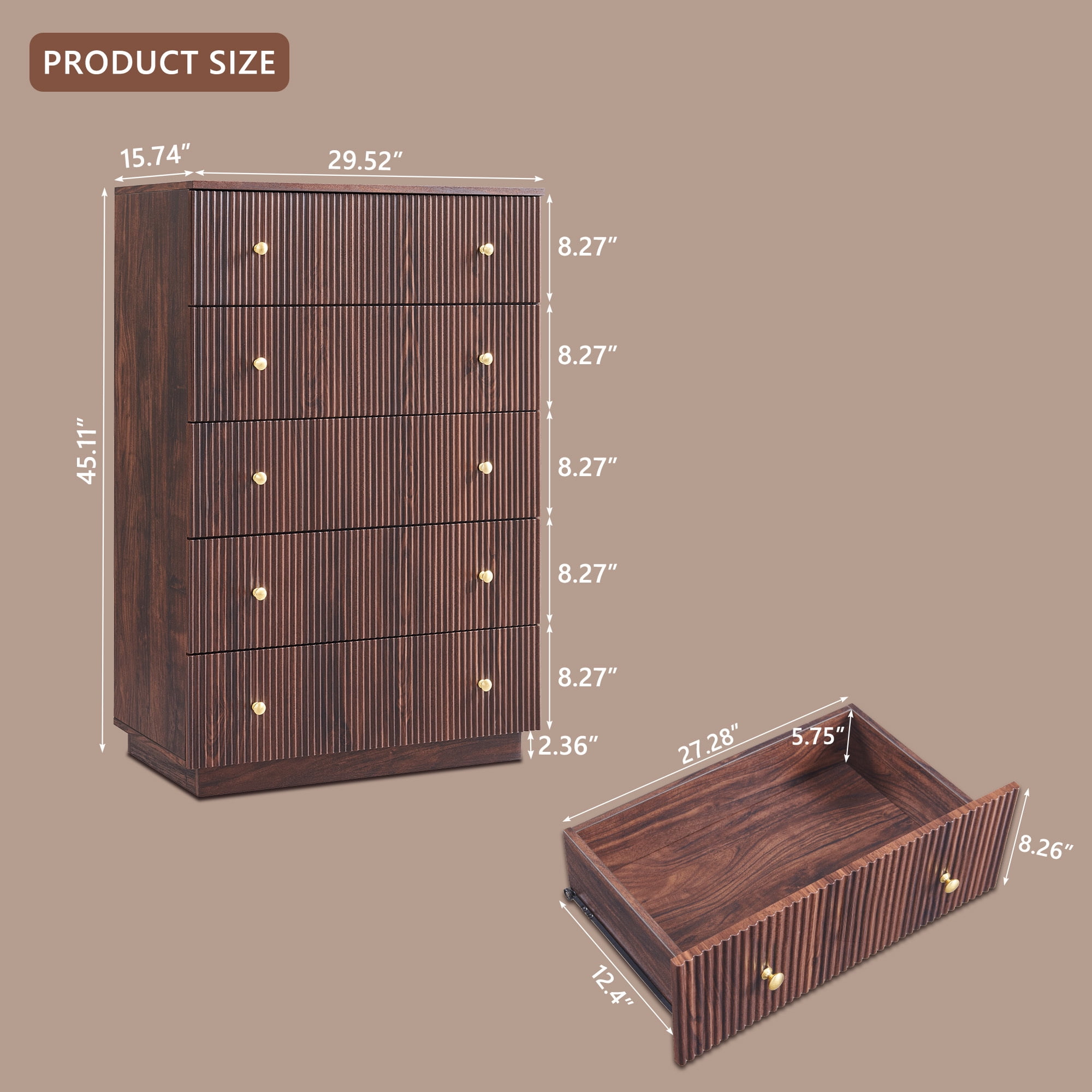 wow97e Fluted 5 Drawers Dresser, Wood Tall Chest of Drawers with Deep Storage, Modern Bedroom Chest for Closet Hallway, Entryway, Living Room