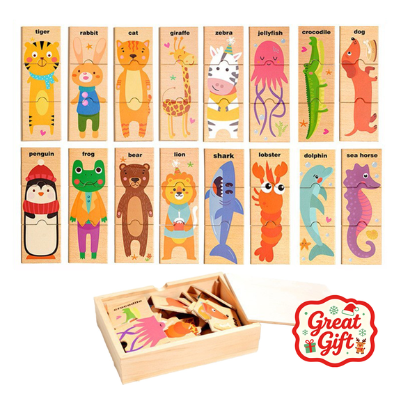 Wooden Animal Matching Puzzle Set with Storage Box, Stocking Stuffers Montessori Educational Toy, Preschool Fine Motor Cognitive Toy, Christmas Birthday Gift for Toddler Boys Girls Ages 2 and Up