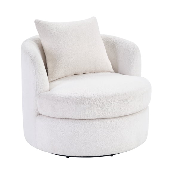 Ebello Swivel Accent Chair, 360° Round Swivel Barrel Chair with Pillow, Widened Upholstered, Lamb Wool Fabric Detachable Cushion for Living Room, White