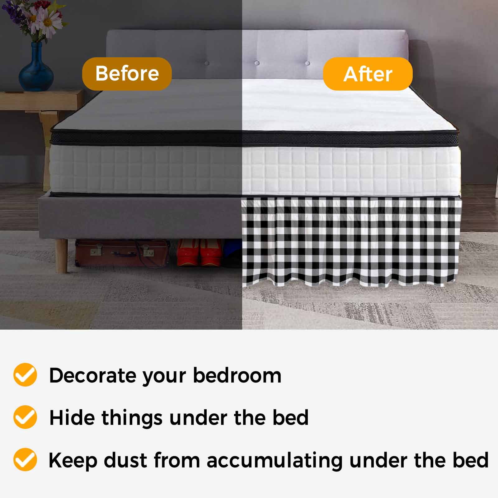 Bed Skirt Black Check Plaid Adjustable Elastic Wrap-Around Dust Ruffle with Black White Farmhouse Style 16 Inch Drop, Bed Frame Cover for Queen Size Bed