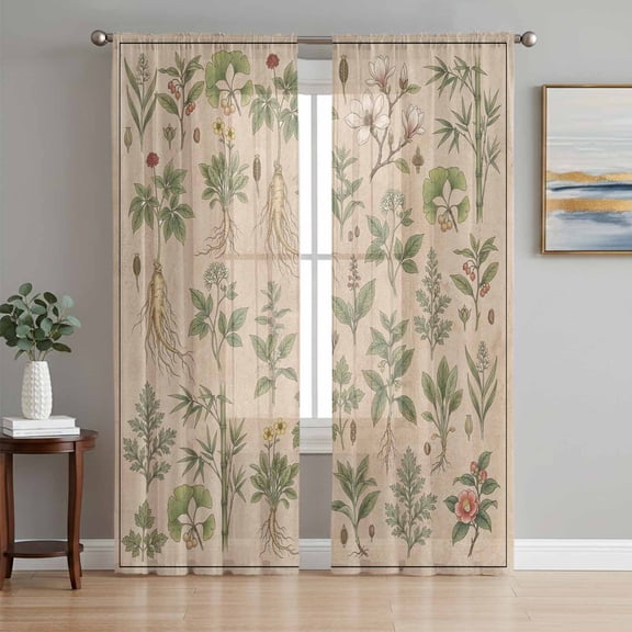 Sheer Curtains 96 Inches Long 2 Panels Set for Living Room, Vintage Botanical Semi Sheer Curtains for Windows, Country Herbs Leaves Plants Flowers Brown Voile Window Treatments Rod Pocket Curtain