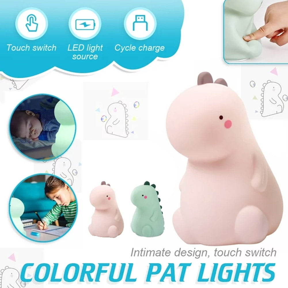 LNGOOR Dinosaur Night Light for Kids, LED Nursery Lamp for Toddler's Room, Cute Color Changing Silicone Baby Night Light with Touch Sensor, Dinosaur Gifts for Boys Girls(Pink)