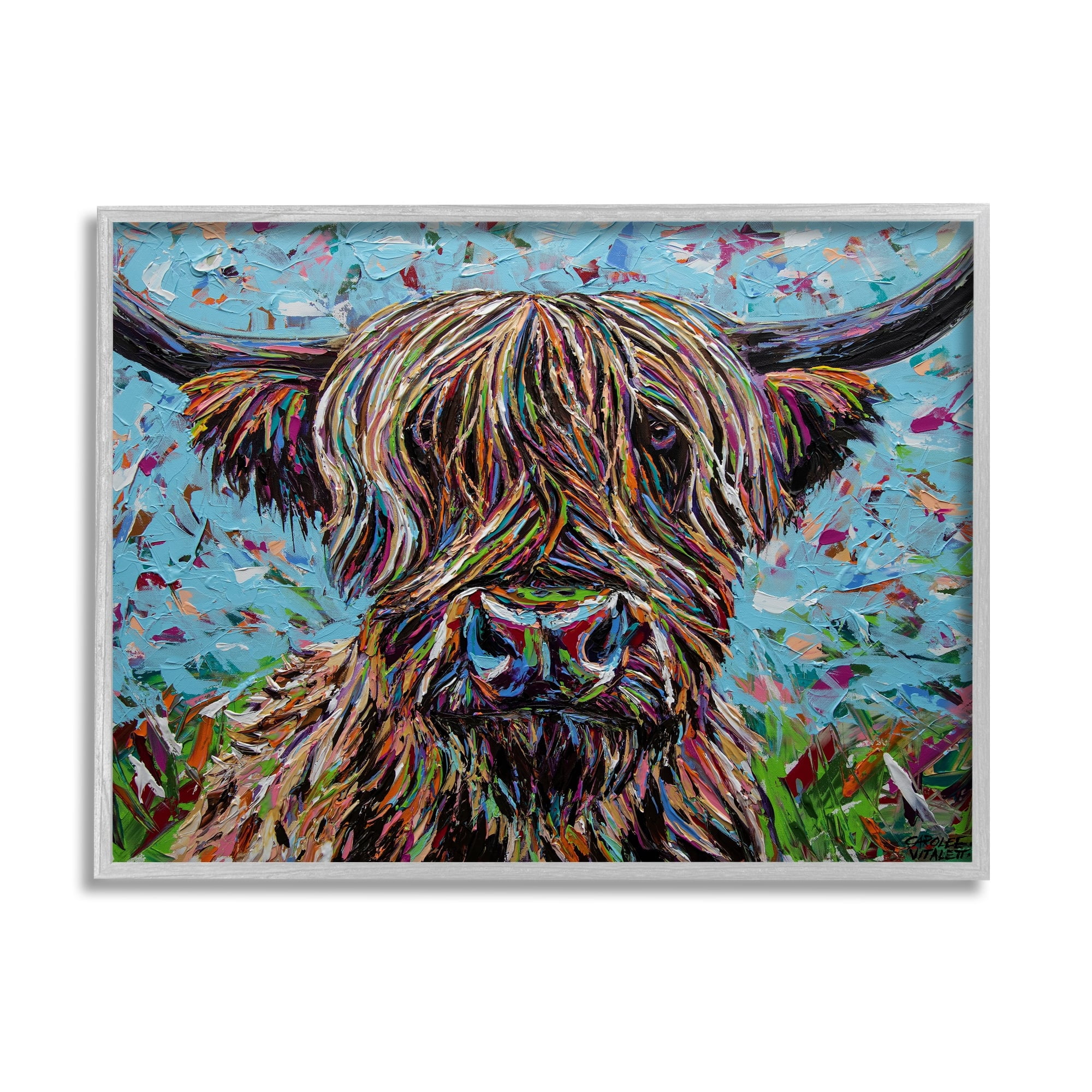 Stupell Industries Highland Cattle Cow Layered Flecked Abstract Portrait Painting Gray Framed Art Print Wall Art, Design by Carolee Vitaletti