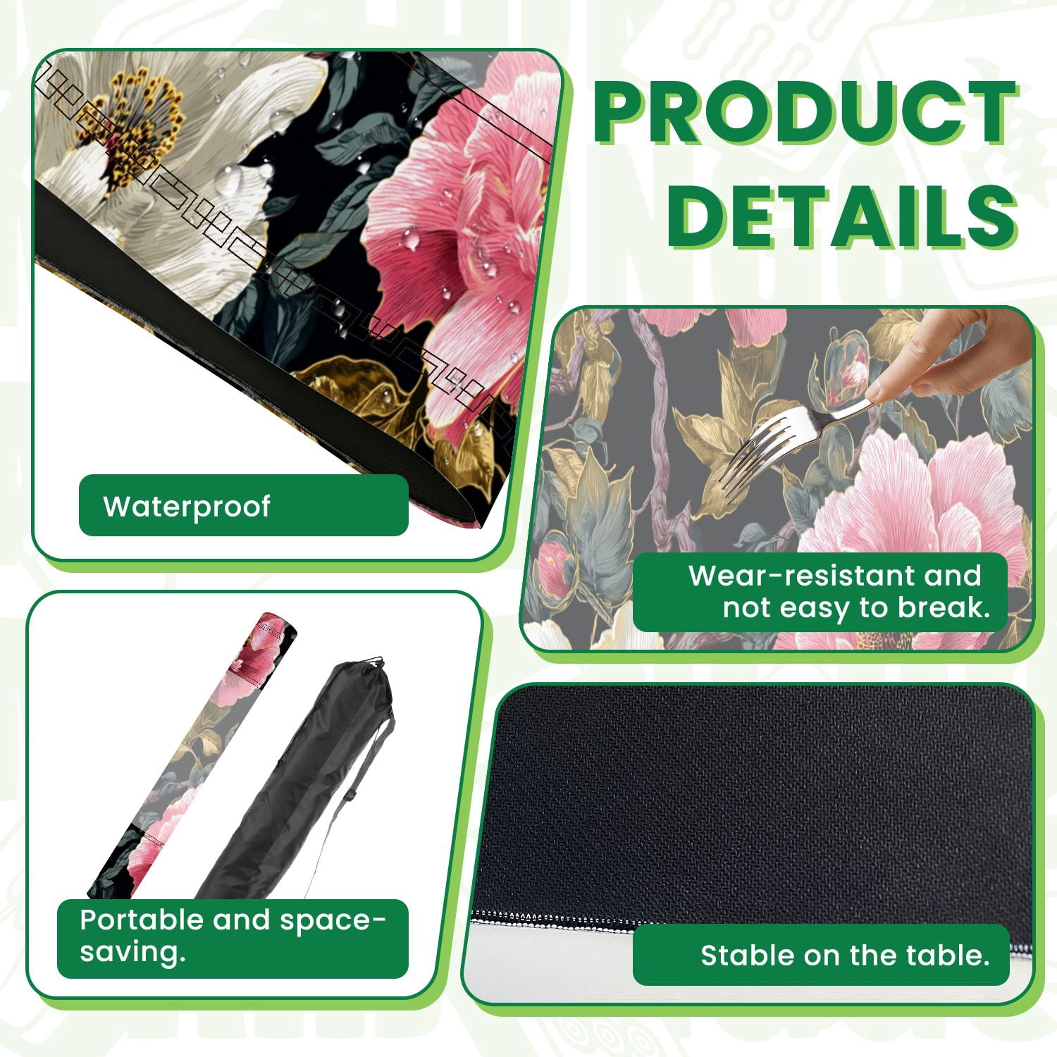 Mahjong Mat 31.5" x 31.5" Peonies pheasants Floral vintage seamless flowers Non-Slip Noise Reduction American Mahjong Tiles Table Cover for Dominoes Poker Card Board Games Gift