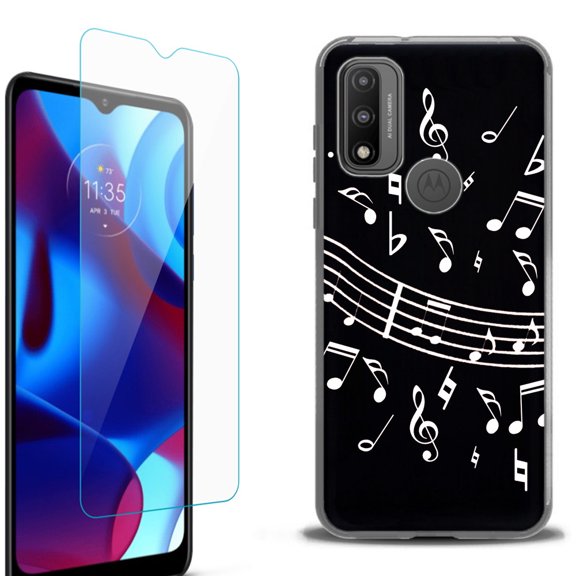 Slim-Fit Protective Phone Case (Black) compatible with Motorola Moto G Pure 5G, with Tempered Glass Screen Protector, by OneToughShield ® - Music Notes / Black