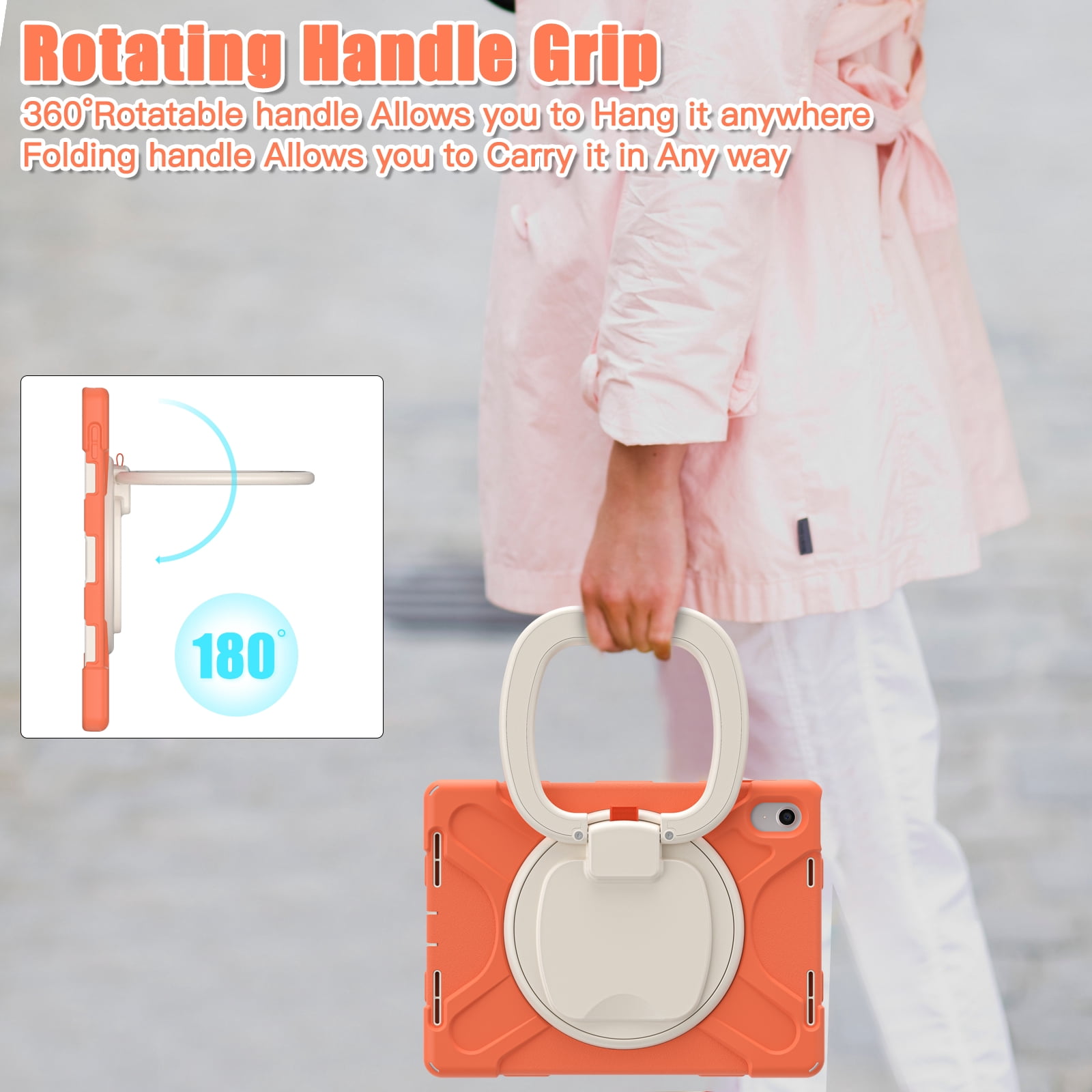 iPad 10th Generation 10.9 Inch Case 2022, TECH CIRCLE Heavy Duty Shockproof Rugged Protective Rotating Stand Case with Pencil Holder Handle Grip Kids Case for Apple iPad iPad 10th Gen 2022, Orange