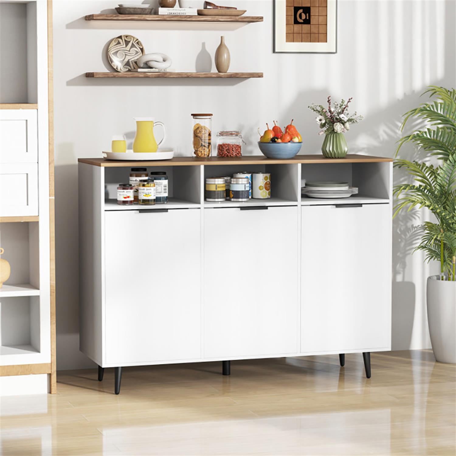 Demi Bonn 47" Sideboard Buffet Cabinet with 5-Position Adjustable Shelves, Kitchen Storage Cabinet, Wood Coffee Bar Buffet Table for Dining Room, White