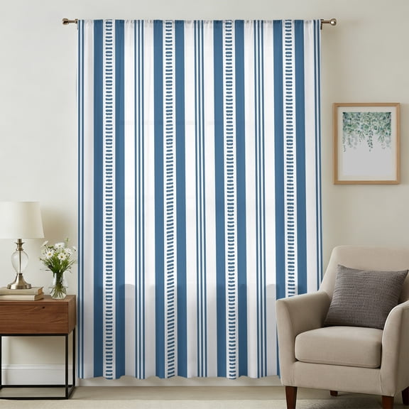 Blue Boho Striped Sheer Curtains 54 Inches Long, Modern Thin Line Stripes Geometric Light Filering Curtains, Breathable Simi Curtain Privacy Drapes for Kitchen Bathroom Small Window Treatment