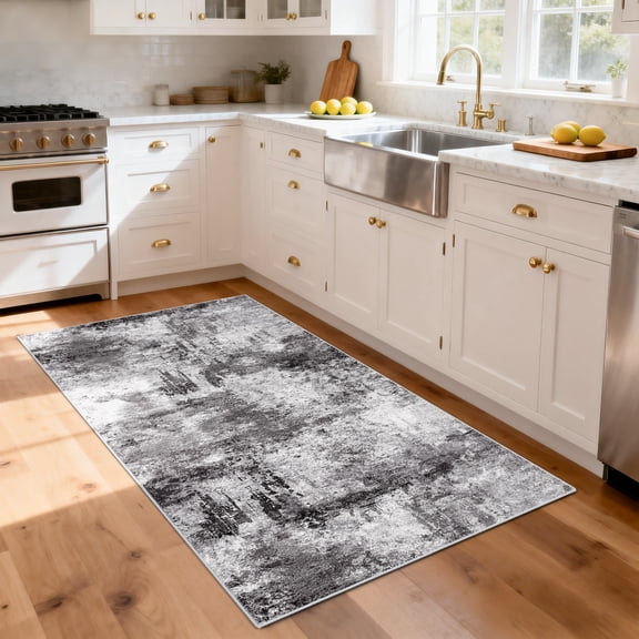 Washable 3x5 Abstract Area Rug - Large Living Room Area Rugs Modern Stain Resistant Indoor mat for Bedroom Dining Room Non Slip Rubber Backing Thin Super Soft Room Decor Floor Carpet 3x5 Black A