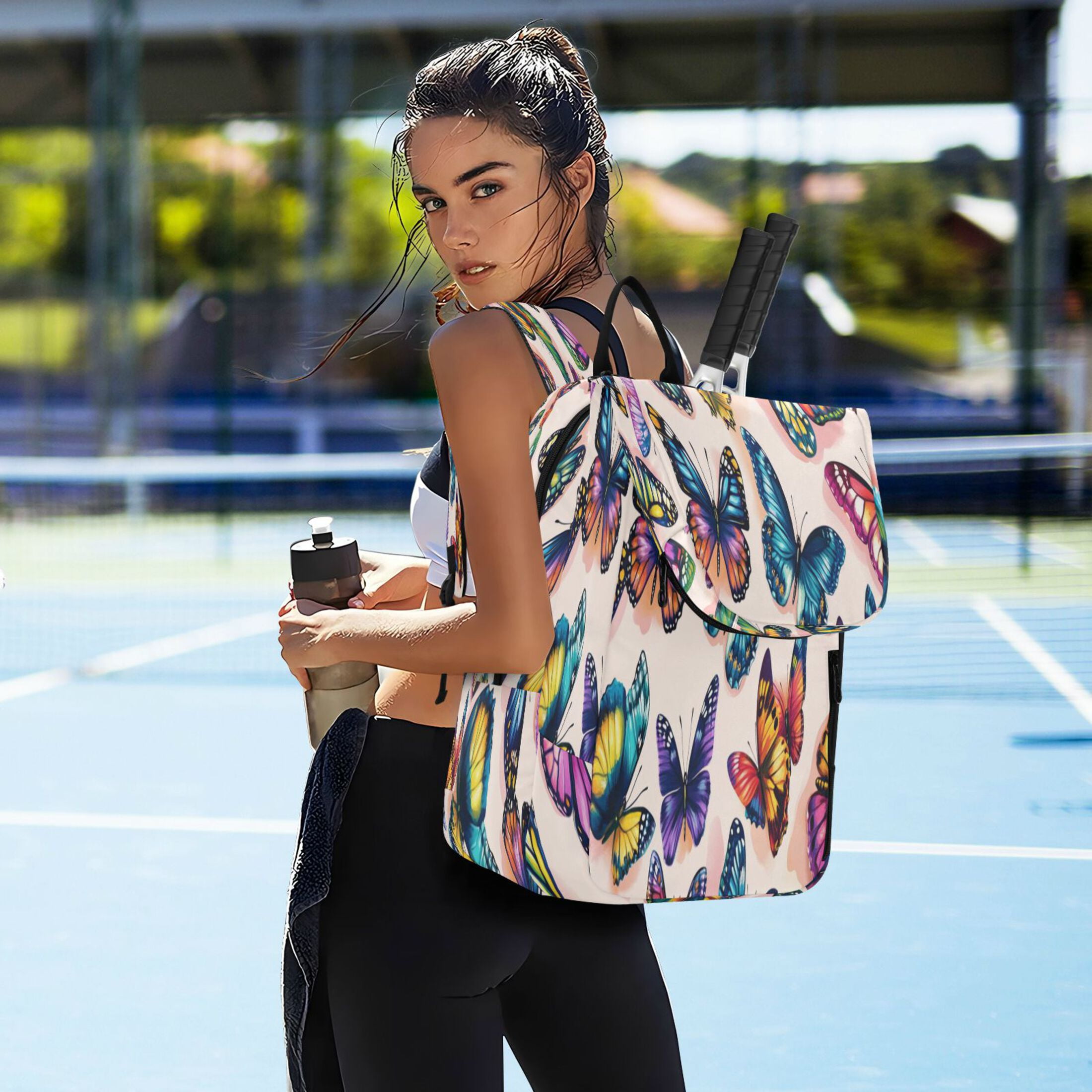 2 Racquet Holder Tennis Backpack Tennis Racket Covers Gym Bags Colorful Beautiful Butterflies