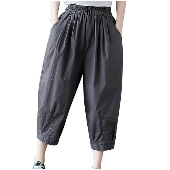 USNSM Capri Pants for Women Dressy Casual Loose Fit Harem Pant Comfort Flowy Linen High Elastic Waist Trousers with Pocket Gray M