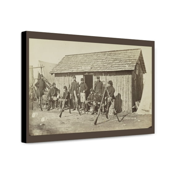 Canvas Print: Soldiers Outside A Log Cabin Winter Quarters, Identified As Pine