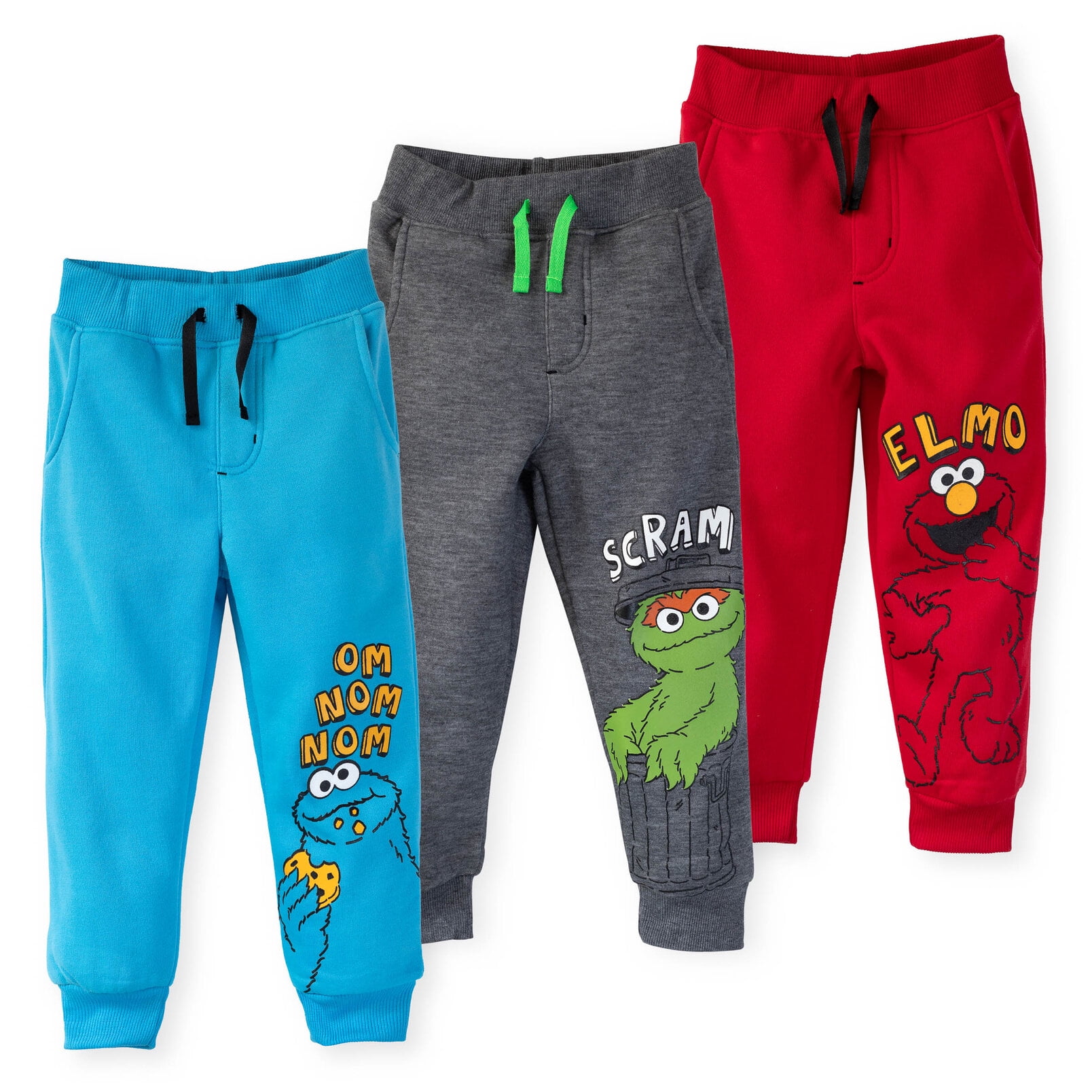 Sesame Street Toddler Boys' 3-Pack Fleece Jogger Pants Blue Grey Red