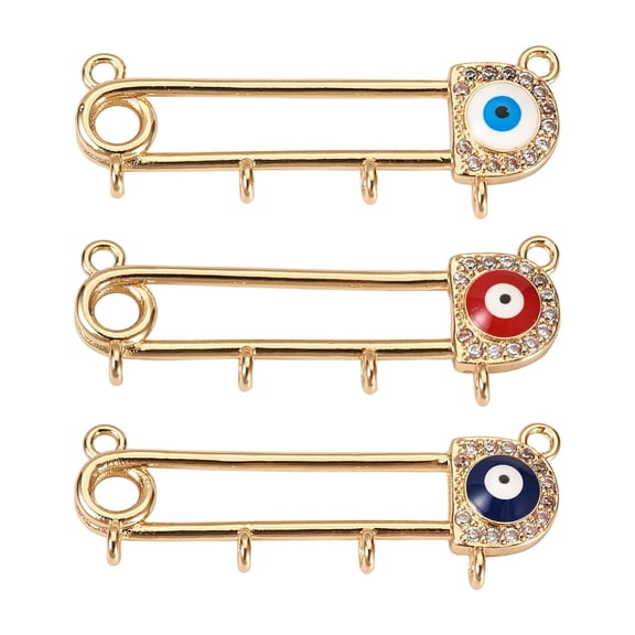 3Pcs 3 Colors Rack Plating Brass Micro Pave Cubic Zirconia Brooch Finding Real 18K Gold Plated Kilt Pins with Enamel & 4 Loops Mixed Color 40x13x4mm Hole: 1.8mm 1pc/color