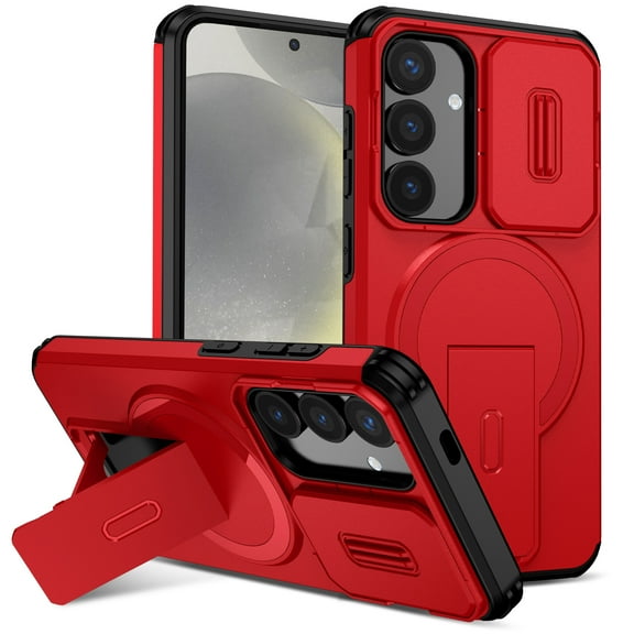For Samsung Galaxy S25 Rugged Phone Case,With Invisible Kickstand,Compatible with Mag-Safe,With Camera Lens Cover,Shockproof Anti-Scratch Drop Protection Durable Heavy Duty Phone Case,Red