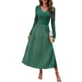 thumbnail image 1 of xiaxaixu Femmes Été une Ligne de Swing Robe Patchwork Couleur Unie Manches Longues Wrap V-Cou Taille Haute Robe Midi pour Parti, 1 of 8