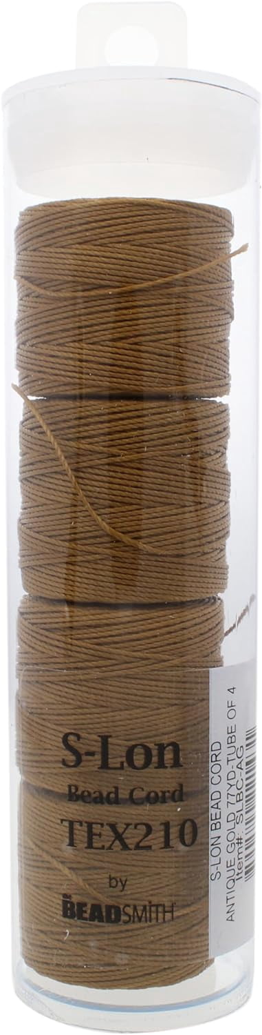 The Beadsmith S-Lon Bead Cord – .5 mm Twisted Nylon Cord, 4 Spools, Antique Gold Color, TEX210, 77 Yards
