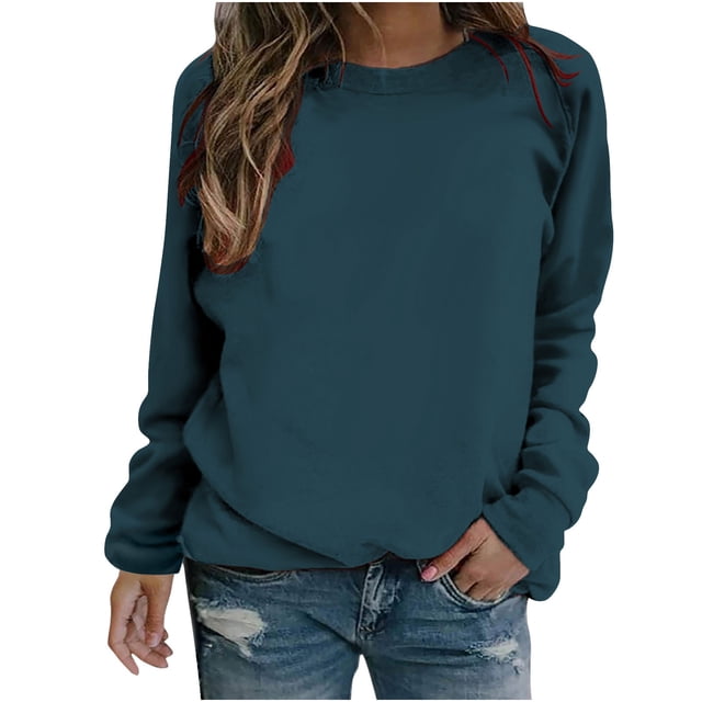 Yuyuzo Chandail en Molleton Sportif Uni pour Femmes Automne 2025 Décontracté Ample Col Rond Raglan Manches Longues Tunique Bleu Foncé