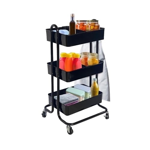 USTECH 3-Tier Metal Rolling Cart | Heavy-Duty Organizer Shelf for Home Office & Kitchen Storage