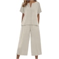 thumbnail image 2 of TAGOLD Womens Short Sleeve Turndown collar Set Summer Linen Button Top Long Pants Pocket Loose Casual Daily 2 Piece Outfit, 2 of 5
