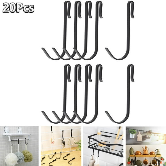 Tutuviw 20 Pieces J-Shape Wire Rack Hook, Heavy Duty Stainless Steel Small Hanging Hook, Sink Grid Clip Hook for Wire Shelf Storage Rack in Office Home Workshop Warehouse (Black)