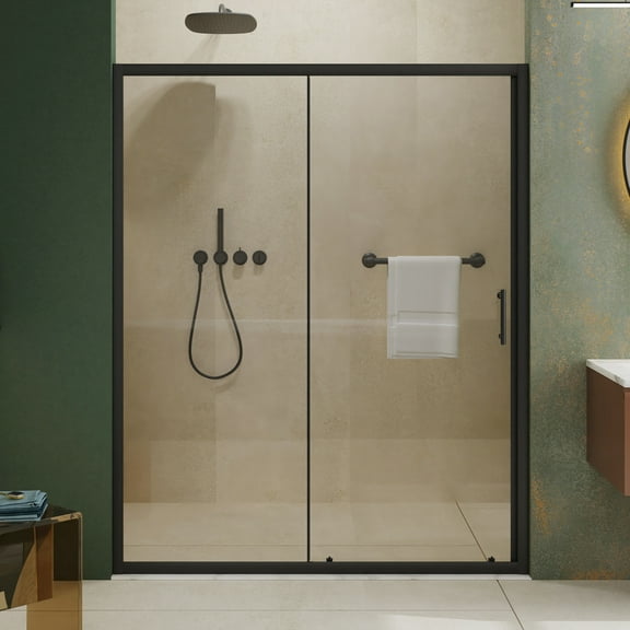 Demi Bonn 48" W x 72" H Single Sliding Shower Door, Clear Tempered Glass, 1/5" Thick, with Black Stainless Steel Handle for Modern Style and Durability, Black
