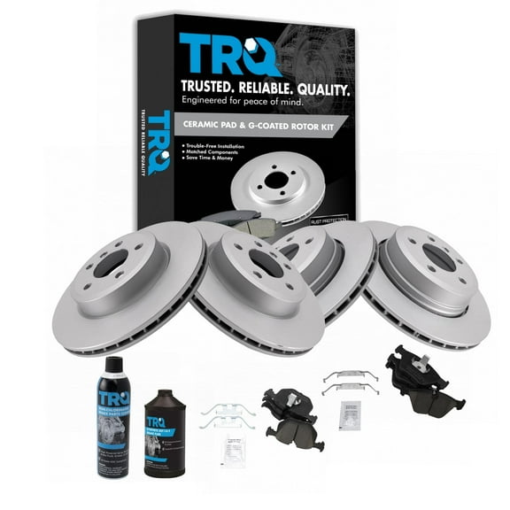TRQ Brake Pad & Coated Rotor Front & Rear Ceramic Kit w/Chemicals for BMW X3 BKA23093