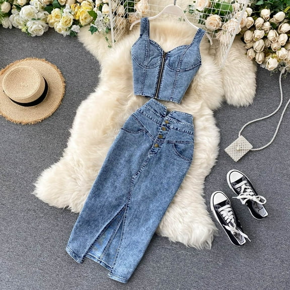 New 2020 Women’S Chic Set Short Crop Top Cami & High-Waisted Denim Skirt, Perfect For A Stylish Look.