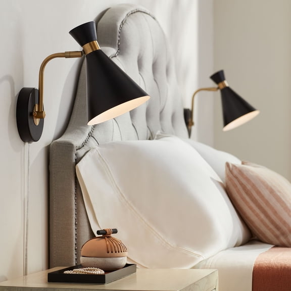360 Lighting Venice Modern Wall Lamps Set of 2 with Smart Sockets Matte Black Brass Plug-In 6 1/4" Fixture Adjustable Shades for Bedroom