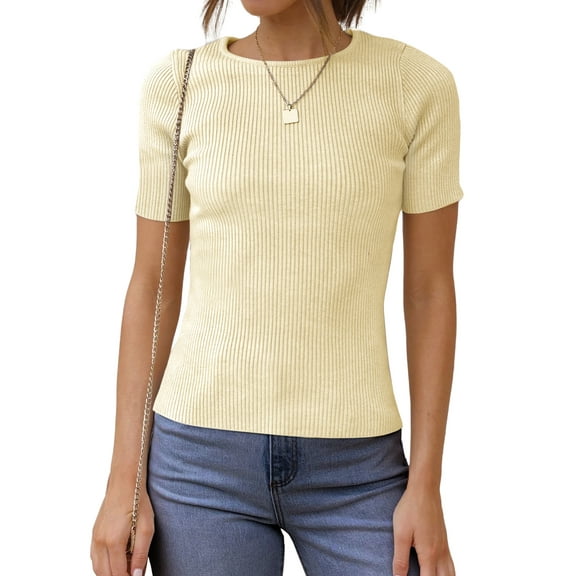 UVN Blouses for Women Summer Short Sleeve Crew Neck Tops Ribbed Knitted Slim Fit Basic Tees