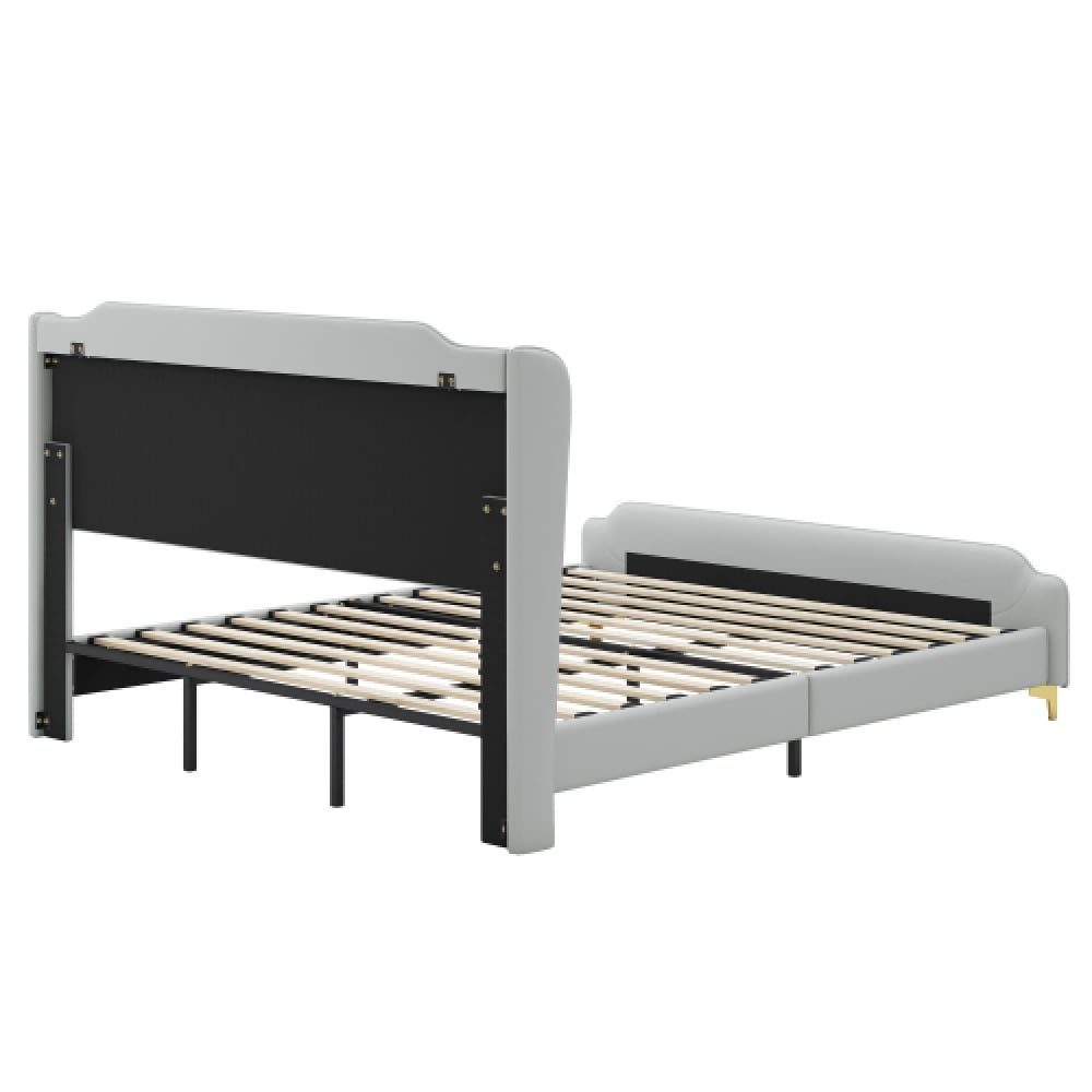 [Luckynote]King Size Leather Bed frame with Wingback Headboard & Footboard, PU Upholstered Platform bed, Solid Wooden Slats Support, Easy Assembly