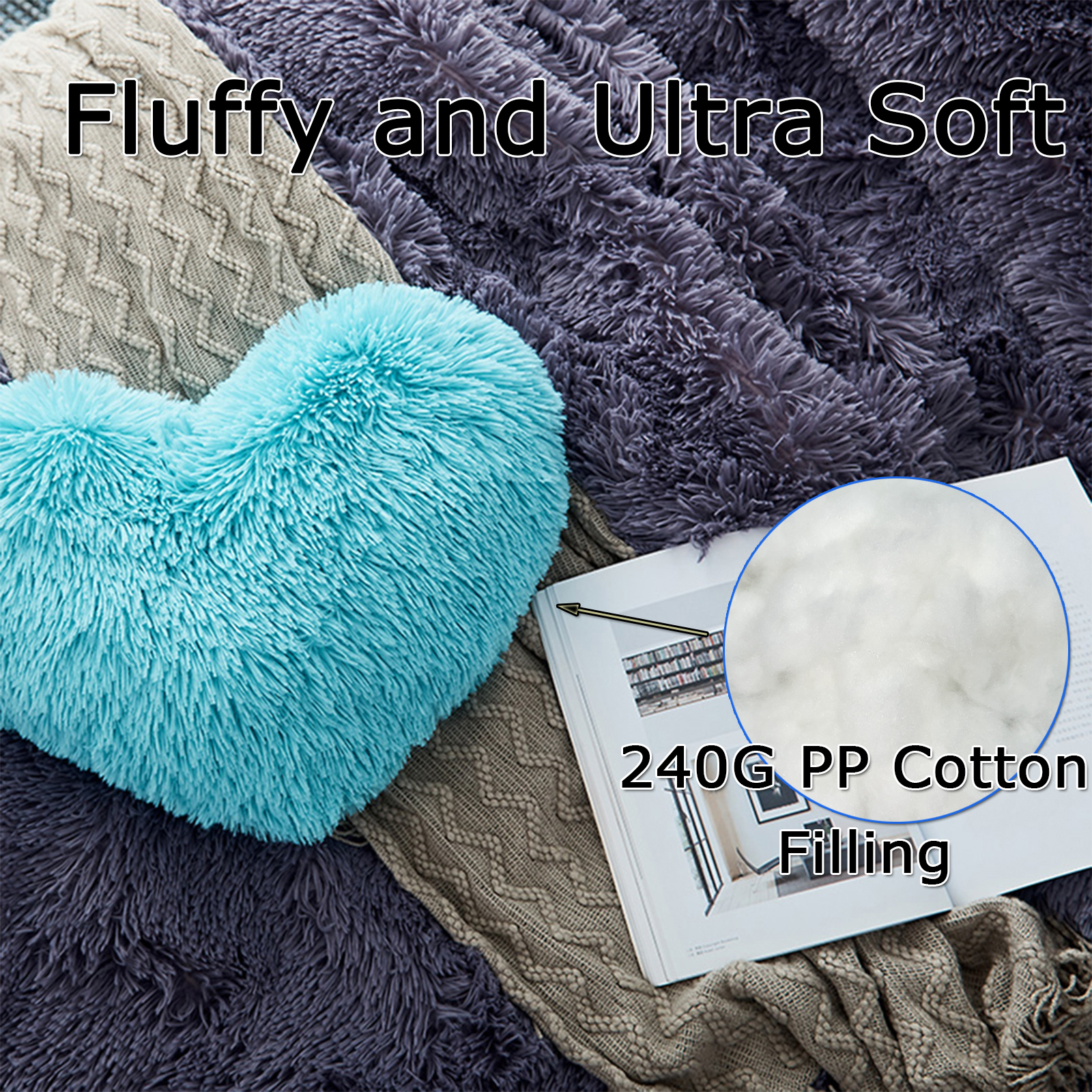 MorroMorn Fluffy Heart Throw Pillows, Shaggy Decorative Pillow for Sofa Couch Bed, Cute Room Decor Gifts for Women Girls Kids - Decorations for Valentines Day Mothers Day Christmas (Aqua)