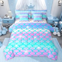 jejeloiu Ocean Mermaid Print 7-Piece Twin Bedding Sets,Pink Blue Ombre Bedding Comforter Set For Girls Kids Reversible