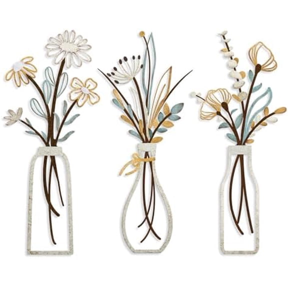3 Pieces Metal Flowers Wall Art- Rustic Farmhouse Decor Minimalist Decor for Living Room Bathroom Bedroom Dining Room, Housewarming Gifts Christmas Decoration(Beige, Vase-C)