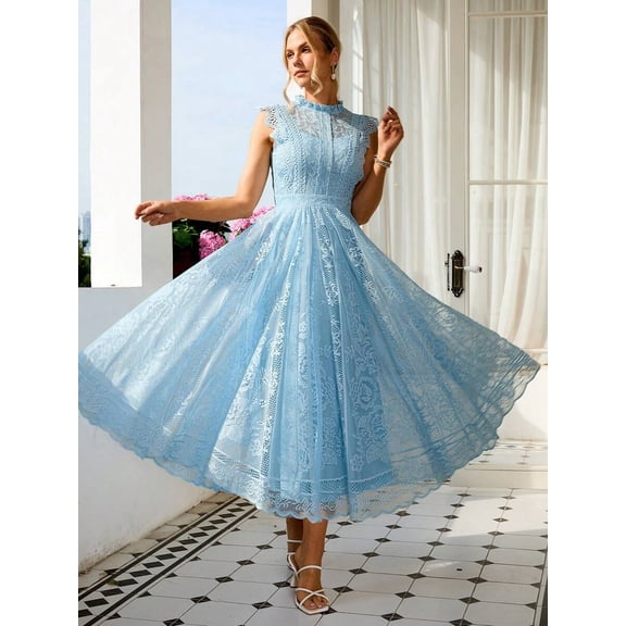 Elegant Vintage Lace A-Line Dress In Baby Blue For Party Wedding Graduation
