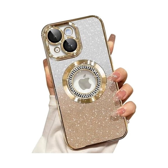 for iPhone 14 Plus Magnetic Glitter Case Compatible with MagSafe,Full Protection Slim Shockproof Anti-Scratch Case with Camera Lens Protector Logo View Dust-Proof Net for Women Gold
