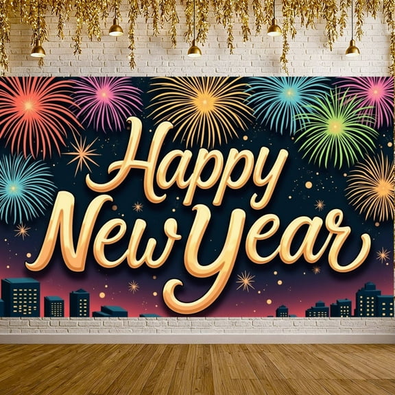 Colorful Fireworks Happy New Year Banner Golden Lettering New Year Display Dark Night Sky Sparkling Design Festive Backdrop for New Year Party Holiday Celebration Family Gathering