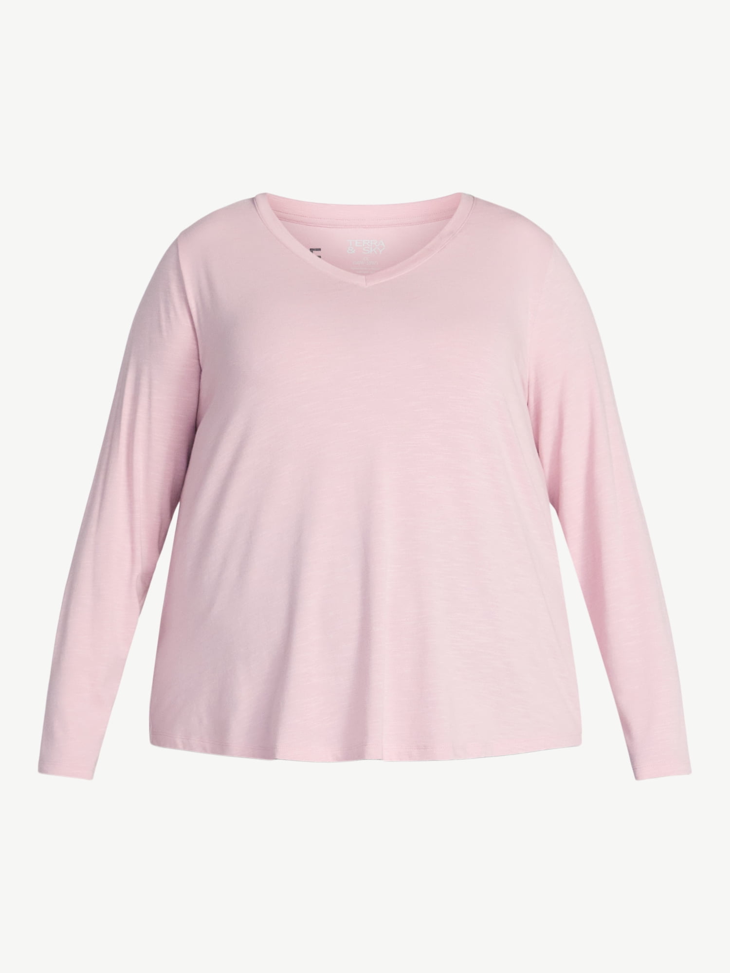 Terra & Sky Women's Plus Size V-Neck Tee with Long Sleeves, Sizes 0X-5X