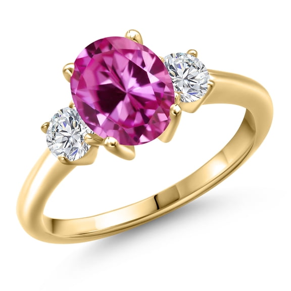 Gem Stone King 10K Yellow Gold Pink Created Sapphire and Lab Grown Diamond Engagement Ring for Women | 1.54 Cttw | Oval 9X7MM | Gemstone September Birthstone | Size 5